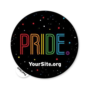 A round sticker saying pride in rainbow colors and yoursite.org text below