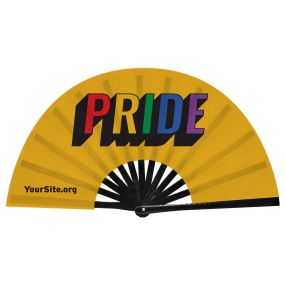 custom snap fan of a yellow background and text saying pride in rainbow colors and text yoursite.org at the bottom left