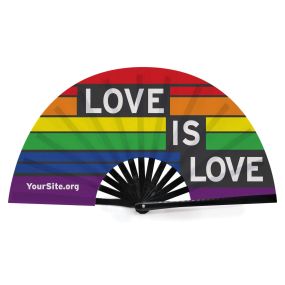 snap fan with rainbow stripes and text saying love is love with yoursite.org text to the bottom left