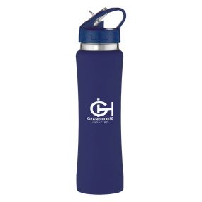 blue slim stainless steel bottle with a screwable lid and an imprint saying Grand Horse Industry