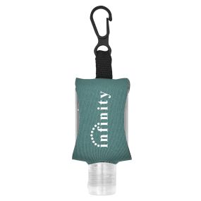 teal hand sanitizer with an imprint saying infinity with a clip attached