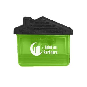 green translucent food clip with black grip at the top and an imprint saying solution partners