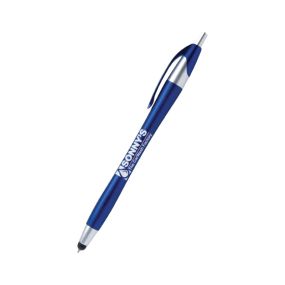 blue pen with silver plunger and tip with a black stylus and an imprint saying sonny's the carwash factory