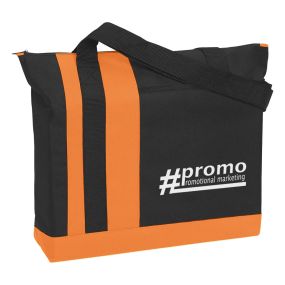 black tote bag with orange trimming with a front pocket and zippered compartment with an imprint saying #promo promotional marketing