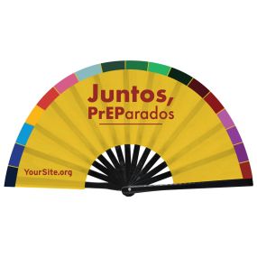 custom snap fan with yellow background and multi-colors at the edge and text in the top middle saying juntos, preparados with yoursite.org text at the bottom left