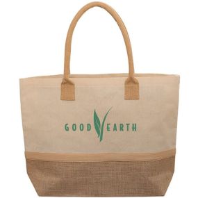 natural jute and cotton tote bag with an imprint saying Good Earth