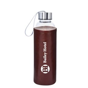 glass bottle with brown Leatherette Sleeve and silver lid with gray easy carry strap on top and an imprint saying bailey hotel
