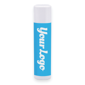 white lip balm with an imprint of rainbow colors and text saying your logo