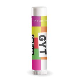 White lip balm with an imprint of a colored background and text saying GYT and text saying yoursite.org