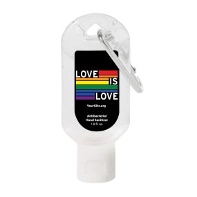 clear hand sanitizer bottle with silver carabiner and an imprint with a black background and the pride rainbow flag with text saying love is love and yoursite.org text below