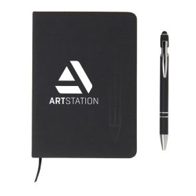 black magnetic journal with matching bookmark, included pen with a stylus on top, and an imprint saying ArtStation