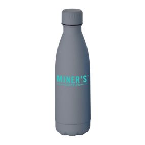 gray matte stainless steel bottle with an imprint saying Miner's Coffee