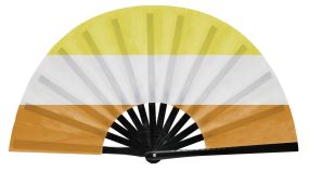 custom snap fan with a black background and with mini colored circles and text saying pride in rainbow and yoursite.org text at the bottom left
