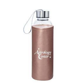 personalized glass bottle with rose gold metallic sleeve and silver lid with gray easy carry strap on top