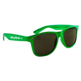 metallic green sunglasses with an imprint on the side saying skylink