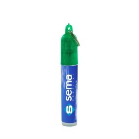A full color mini hand sanitizer keychain with a green top with a split key ring and an imprint saying sema Hospital