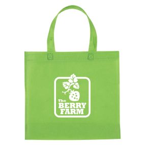green non-woven tote bag with an imprint in the middle saying the berry farm
