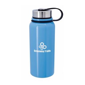 blue stainless steel bottle with a metal lid and an imprint saying Greenway Trails