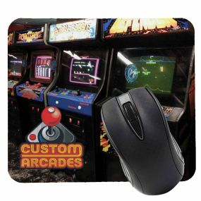 mouse pad with an imprint of arcade games and a joystick logo with  text saying custom arcades next to a black mouse