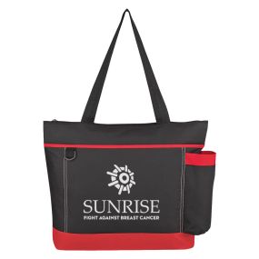black tote bag with red trimmings and a side pocket, front pocket, top zippered compartment, and an imprint saying Sunrise Fight Against Breast Cancer