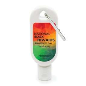 a sunscreen bottle with a carabiner and an imprint saying National Black HIV/AIDS Awareness Day