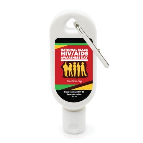 A sunscreen bottle with a silver carabiner with an imprint saying National Black HIV/AIDS Awareness Day
