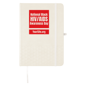 A red journal with an elastic band, pen loop, and bookmark and text saying National Black HIV/AIDS Awareness Day with the date below