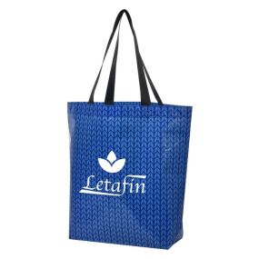 a blue laminated tote bag with carrying handles and an imprint saying Letafin