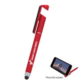 red pen with screen cleaner, phone stand, stylus, and an imprint saying quickly-auto parts