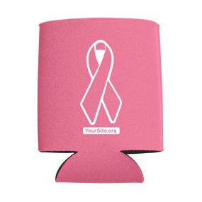 pink can cooler with a breast cancer ribbon imprint on the front and yoursite.org text below
