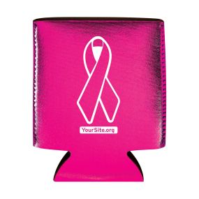 metallic pink can cooler with breast cancer awareness ribbon imprint on the front and yoursite.org text below