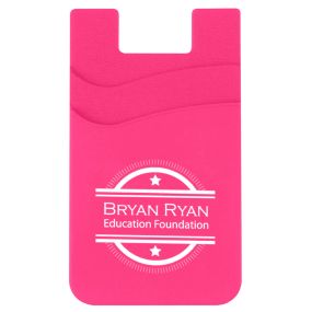 pink double pocketed cell phone wallet with an imprint saying bryan ryan education foundation