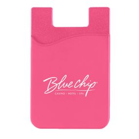 pink cell phone wallet with an imprint saying clue chip casino hotel and spa