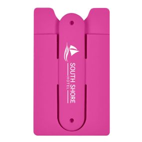 pink cell phone wallet stand with an imprint saying south shore hotel