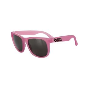 side image of translucent pink sunglasses with an imprint saying Canada snowboard