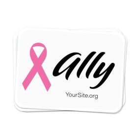 a stack of white stickers with a pink ribbon, text saying ally next to it, and yoursite.org text on the bottom