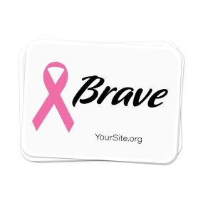 a stack of white stickers with an imprint of a pink ribbon next to a text saying brave and yoursite.org text below
