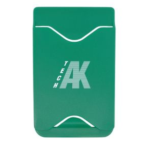 green cell phone wallet with an imprint saying TECH AK