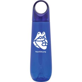 blue sport bottle with an imprint of a mouth eating a pill and yoursite.org text below