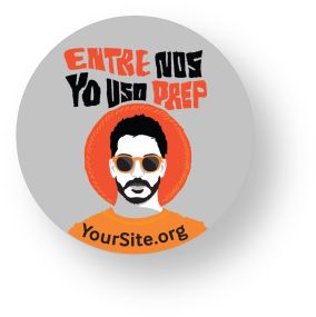 Round sticker with an image of a woman feeling her breasts and text below saying feeling myself with yoursite.org text below it