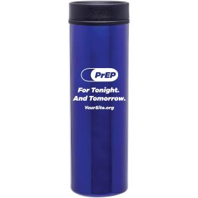 blue stainless steel tumbler with an imprint of the prep logo in a pill and text below saying for tonight. and tomorrow. with yoursite.org text on the bottom