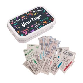 white tin first aid kit with supplies included