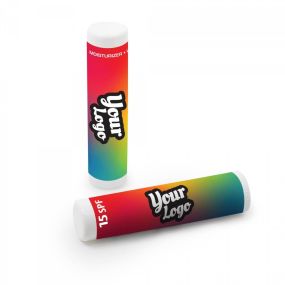White lip balms with an imprint of a gradient background and your logo text on the middle