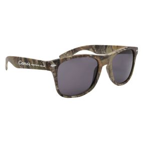 personalized camo sunglasses with imprint on left side of sunglasses