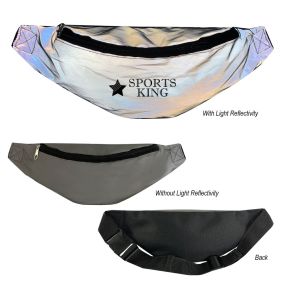 a reflective fanny pack with a zippered main compartment with an imprint sports king