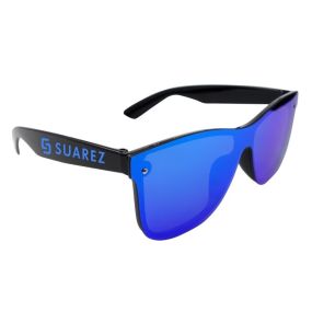 black sunglasses with a blue rimless frame and an imprint on the left saying Suarez