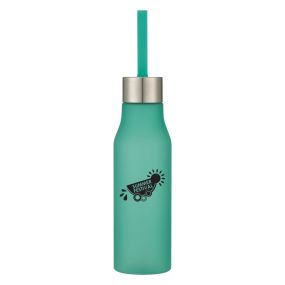 personalized teal plastic bottle with matching silicone strap, silver lid, and an imprint saying summer festival