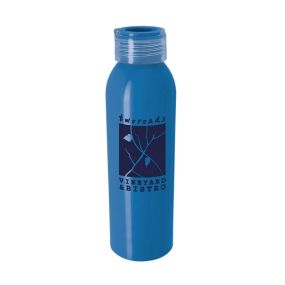 a blue aluminum bottle with a clear lid with an imprint saying two roads vineyard & bistro