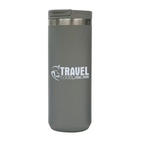gray stainless steel bottle with an imprint saying travel today