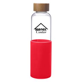 glass bottle with a red silicone sleeve, bamboo lid, and an imprint on the glass saying home center